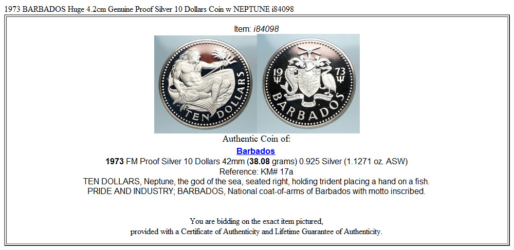 1973 BARBADOS Huge 4.2cm Genuine Proof Silver 10 Dollars Coin w NEPTUNE i84098