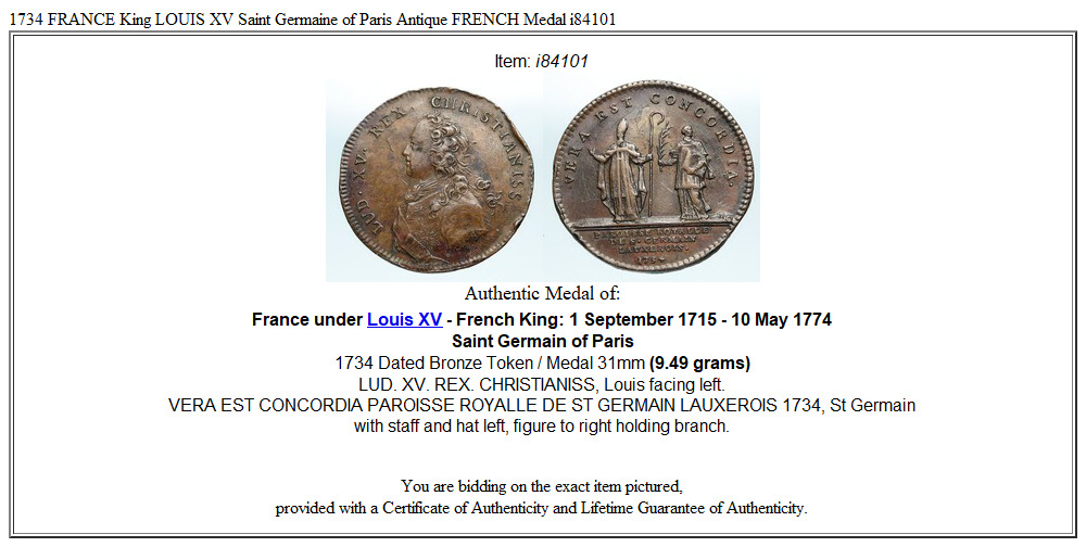 1734 FRANCE King LOUIS XV Saint Germaine of Paris Antique FRENCH Medal i84101