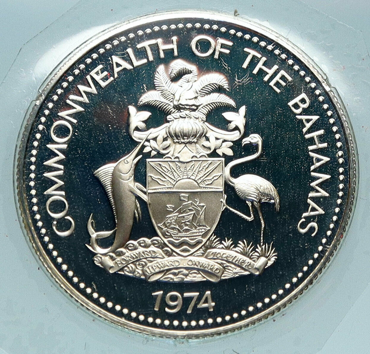 1974 BAHAMAS UK Queen Elizabeth II Marlin Proof Silver Coin 50 Cents Coin i84050