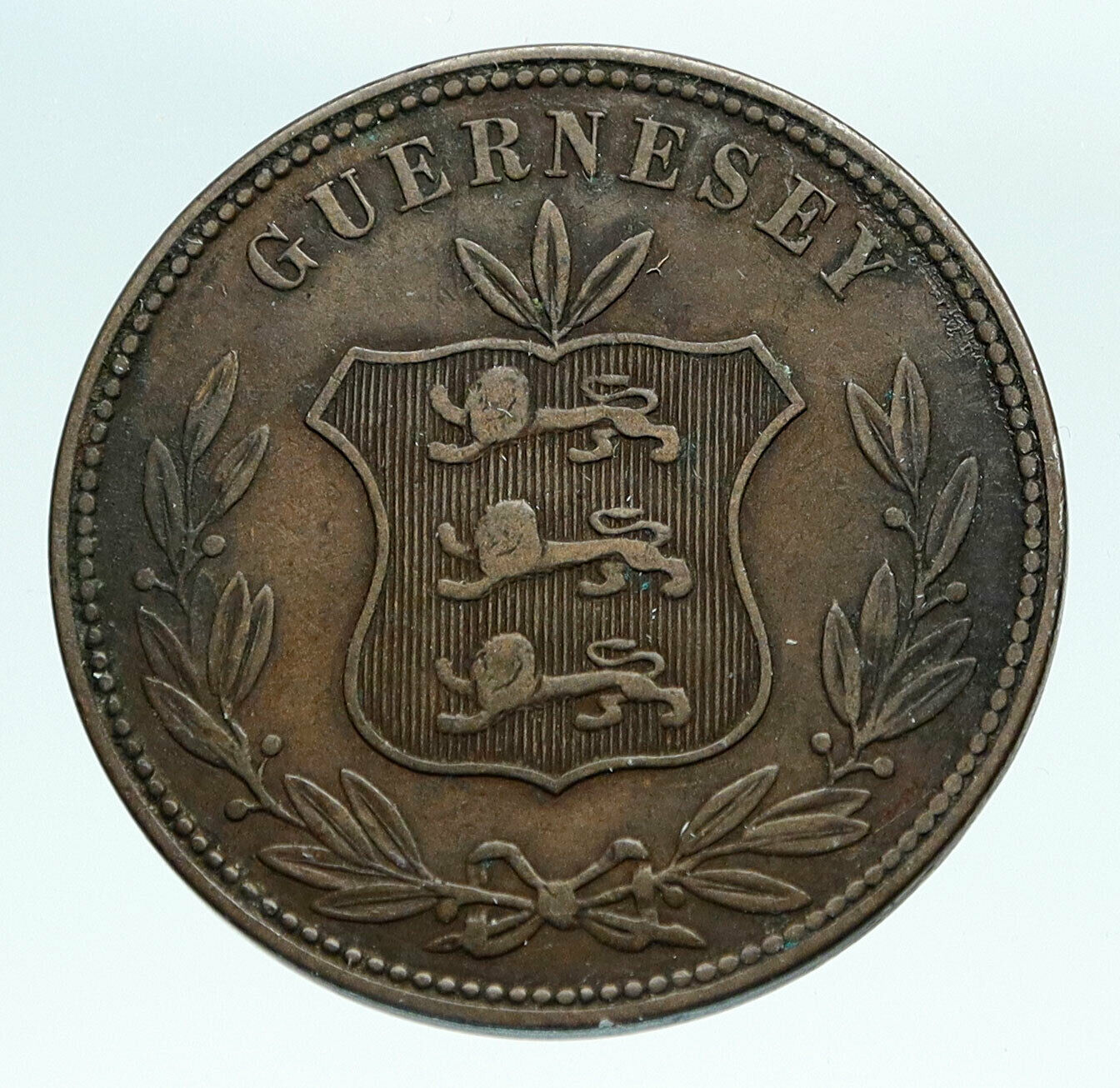 1864 GUERNSEY Island Genuine Three Lions Genuine Antique 8 Doubles Coin i84103