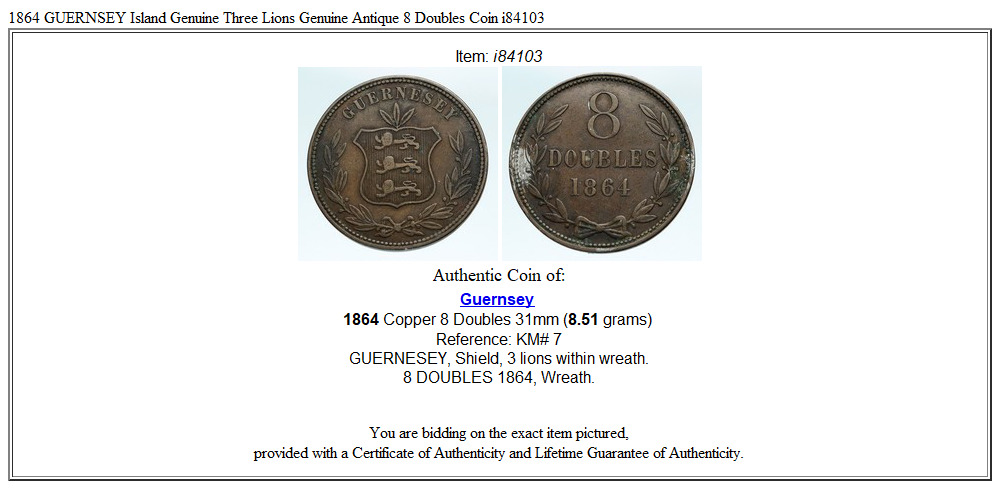 1864 GUERNSEY Island Genuine Three Lions Genuine Antique 8 Doubles Coin i84103