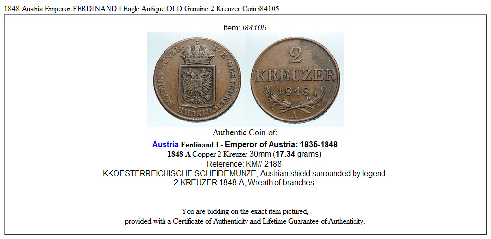 1848 Austria Emperor FERDINAND I Eagle Antique OLD Genuine 2 Kreuzer Coin i84105