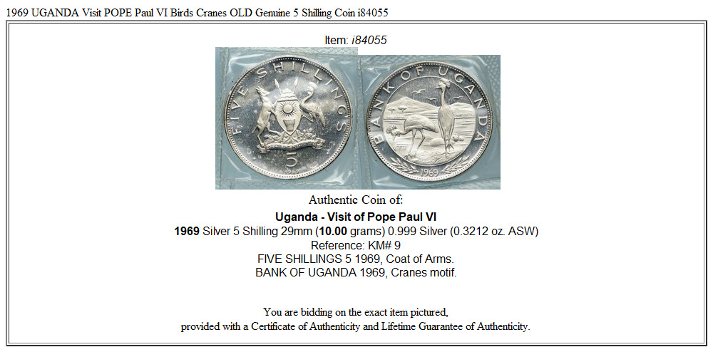 1969 UGANDA Visit POPE Paul VI Birds Cranes OLD Genuine 5 Shilling Coin i84055