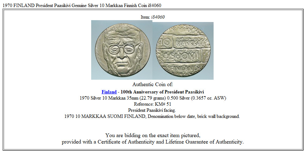 1970 FINLAND President Paasikivi Genuine Silver 10 Markkaa Finnish Coin i84060