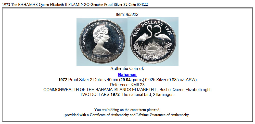 1972 The BAHAMAS Queen Elizabeth II FLAMINGO Genuine Proof Silver $2 Coin i83822