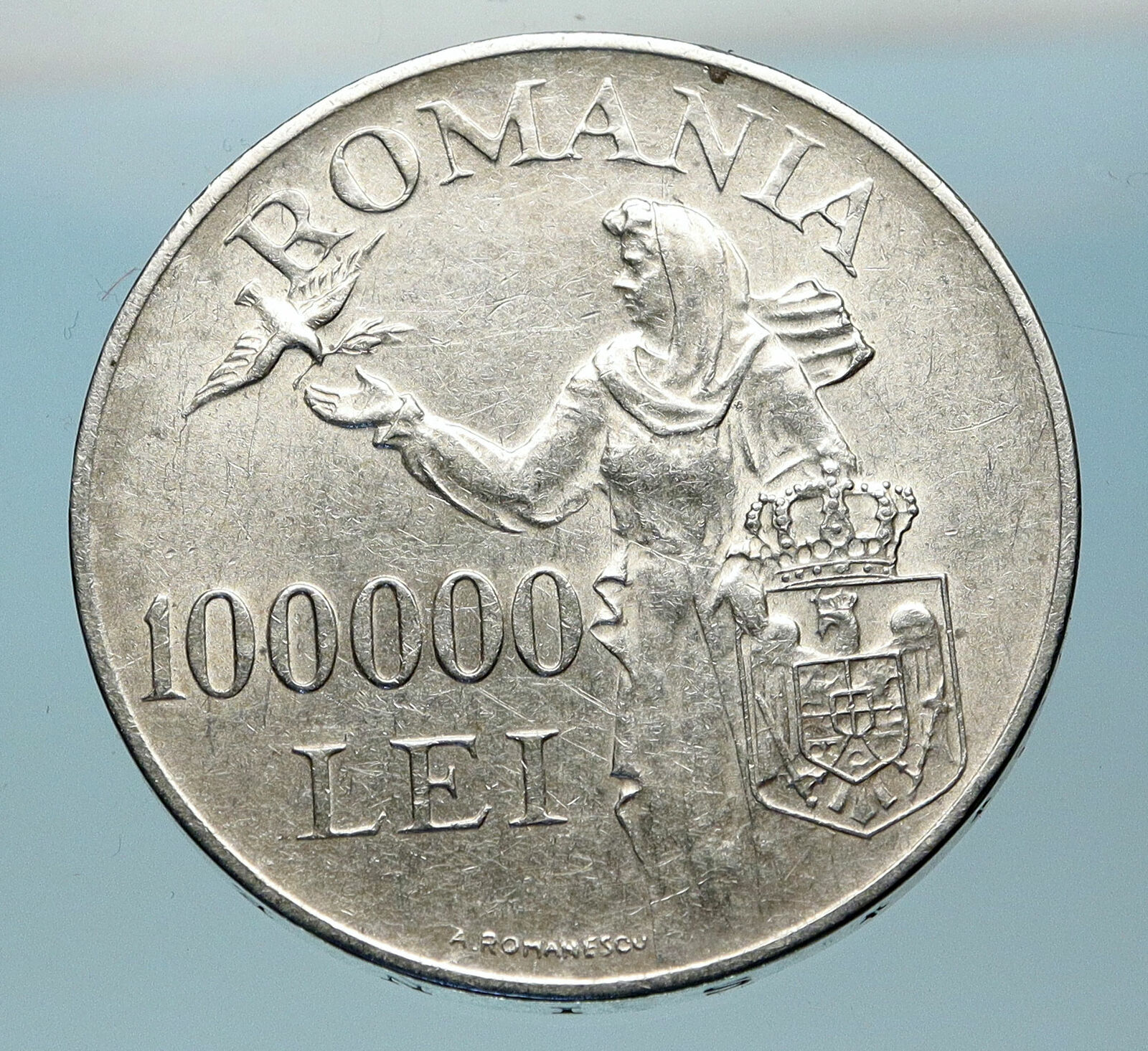 1946 ROMANIA Michael I Romanian Lady & Bird Antique Genuine Silver Coin i83819