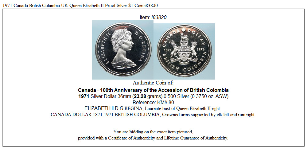 1971 Canada British Columbia UK Queen Elizabeth II Proof Silver $1 Coin i83820