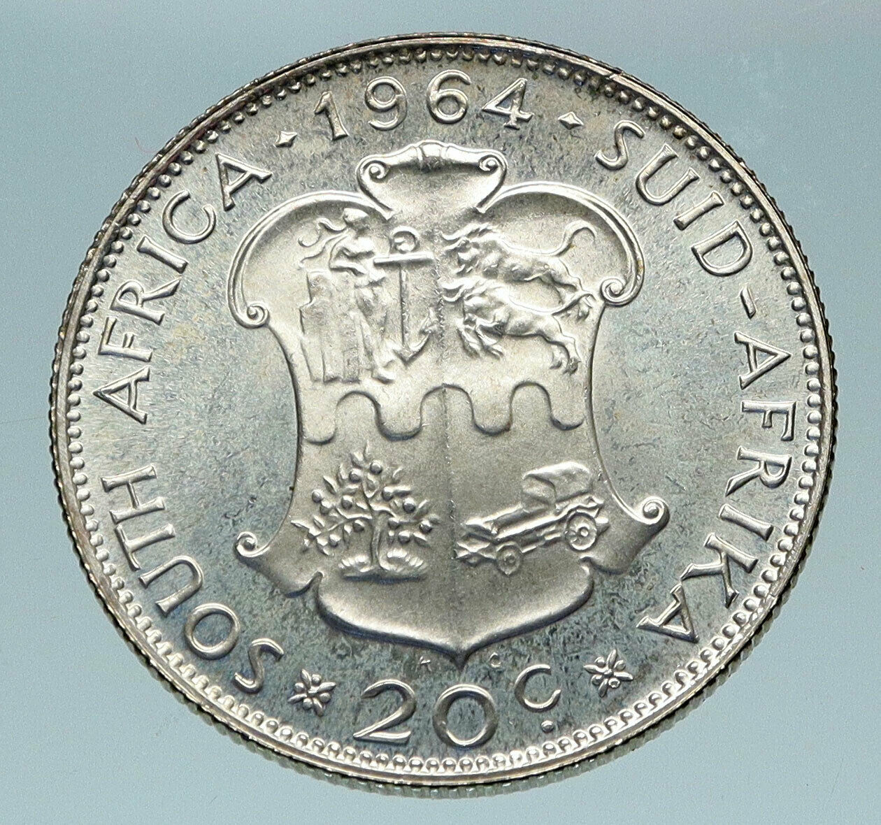 1964 SOUTH AFRICA Queen Elizabeth II Riebeeck Genuine Silver 20 Cent Coin i84058