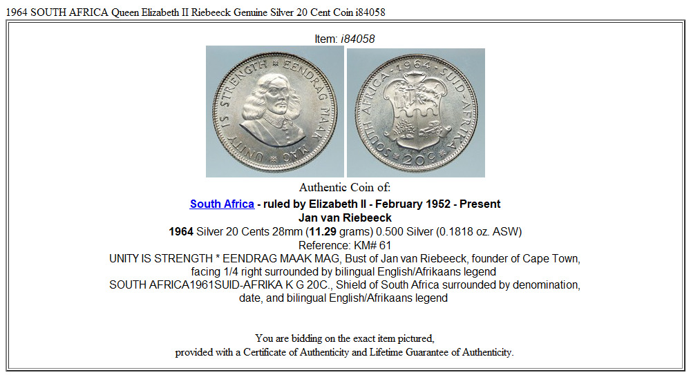 1964 SOUTH AFRICA Queen Elizabeth II Riebeeck Genuine Silver 20 Cent Coin i84058