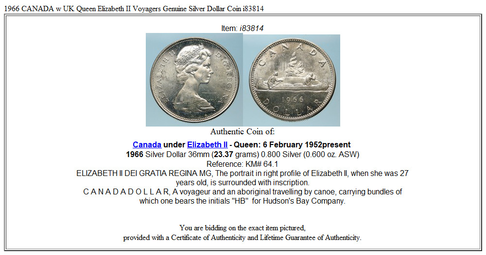 1966 CANADA w UK Queen Elizabeth II Voyagers Genuine Silver Dollar Coin i83814