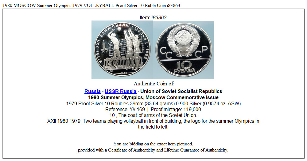 1980 MOSCOW Summer Olympics 1979 VOLLEYBALL Proof Silver 10 Ruble Coin i83863