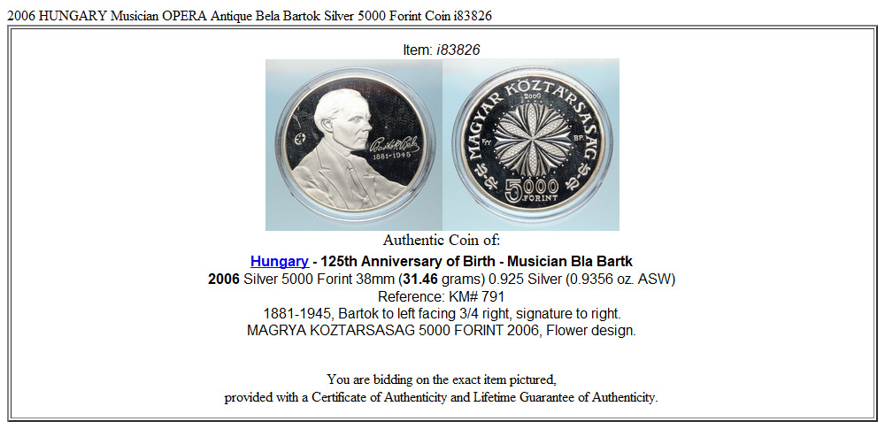 2006 HUNGARY Musician OPERA Antique Bela Bartok Silver 5000 Forint Coin i83826