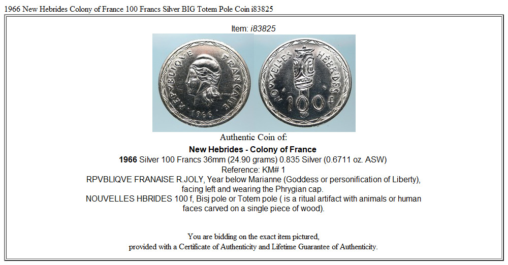 1966 New Hebrides Colony of France 100 Francs Silver BIG Totem Pole Coin i83825