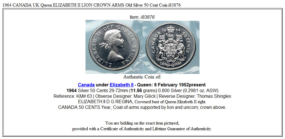 1964 CANADA UK Queen ELIZABETH II LION CROWN ARMS Old Silver 50 Cent Coin i83876