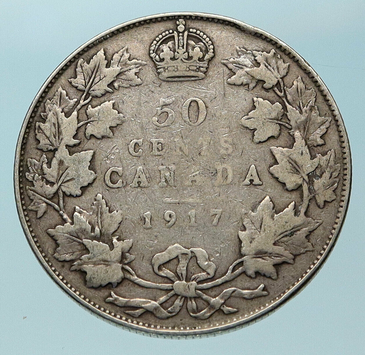 1917 CANADA UK King George V Antique Genuine Crown SILVER 50 CENTS Coin i83886