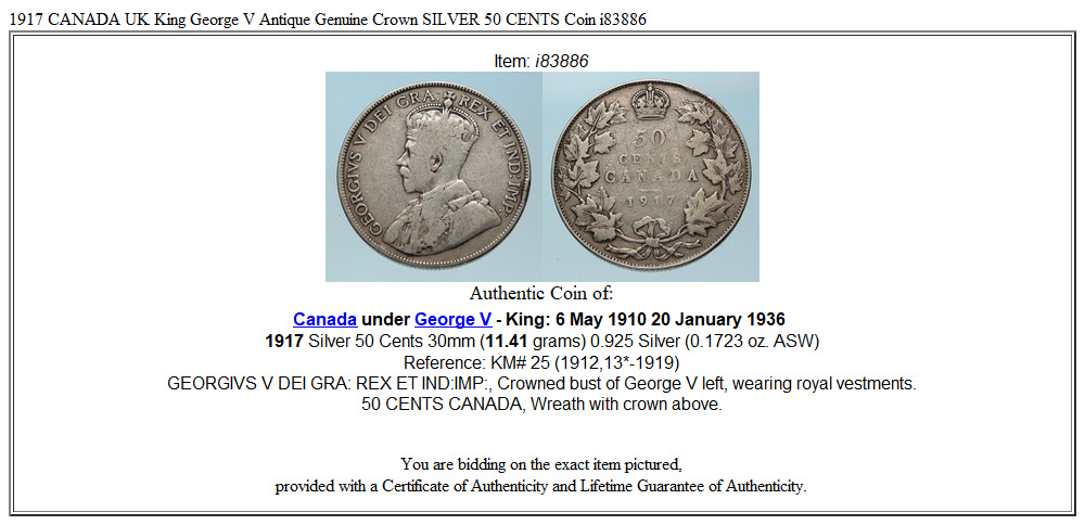 1917 CANADA UK King George V Antique Genuine Crown SILVER 50 CENTS Coin i83886