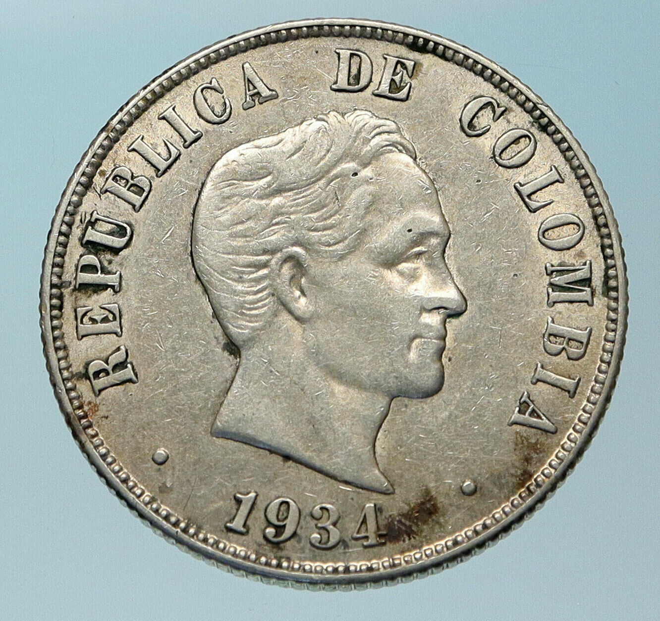 1934 COLUMBIA Simon Bolivar Eagle Shield Genuine Silver 50 Centavos Coin i83885