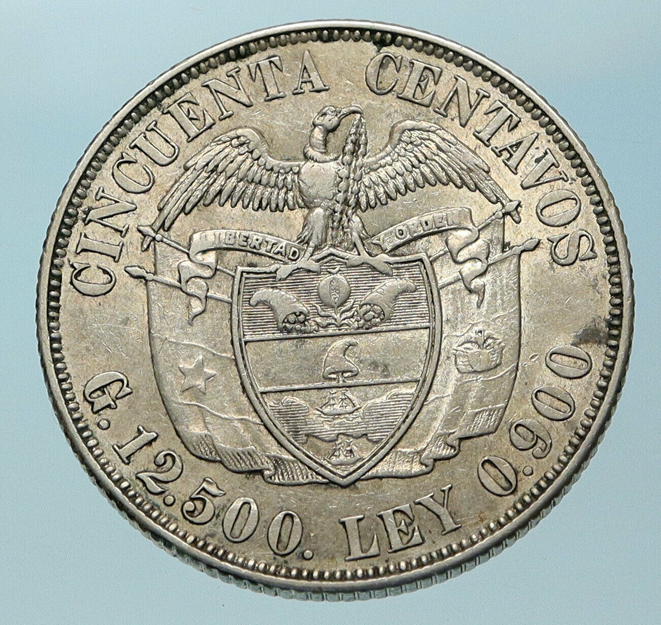 1934 COLUMBIA Simon Bolivar Eagle Shield Genuine Silver 50 Centavos Coin i83885