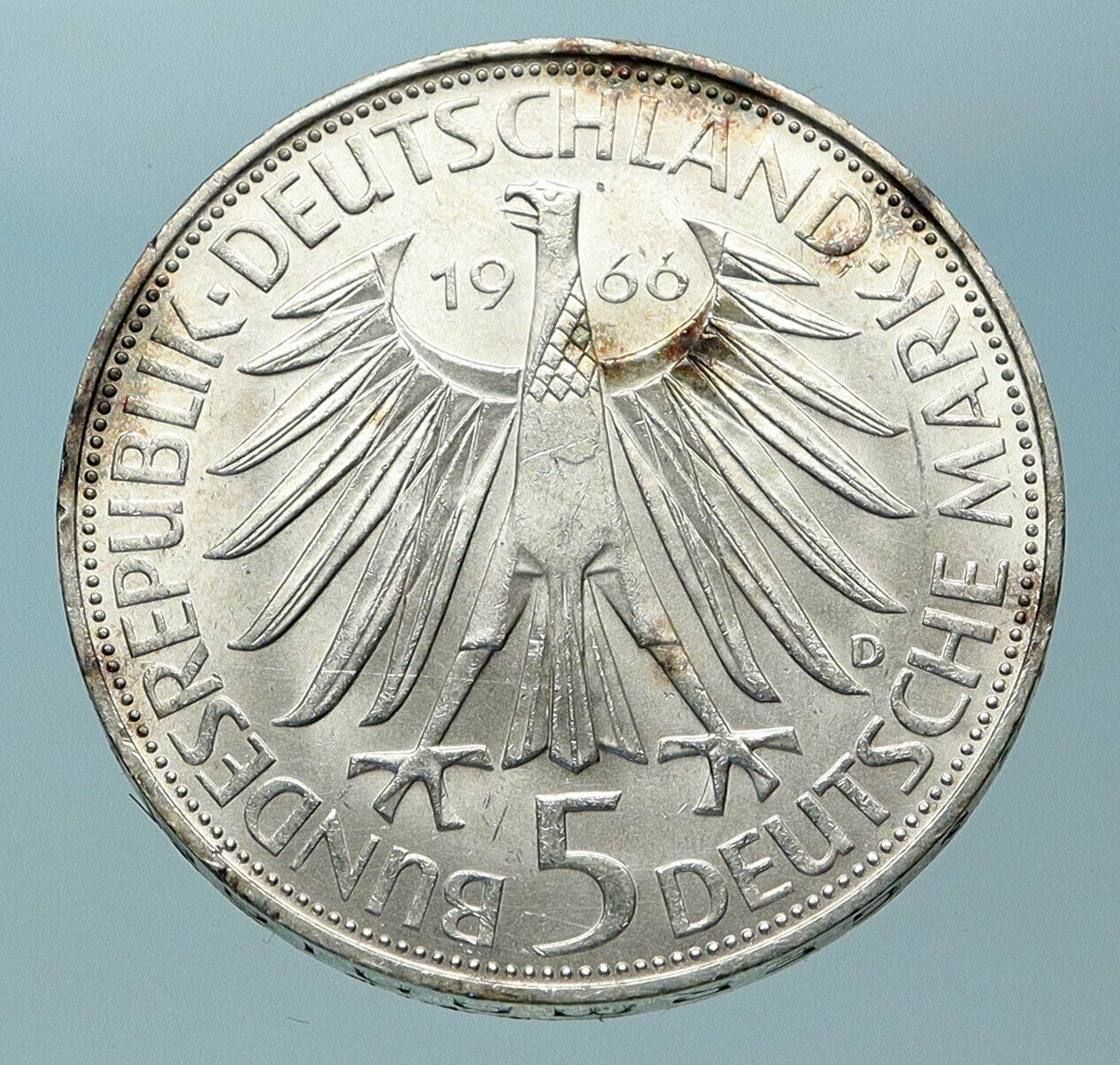 1966 D GERMANY Gottfried Wilhelm Leibniz Large 5 Mark Silver German Coin i83884