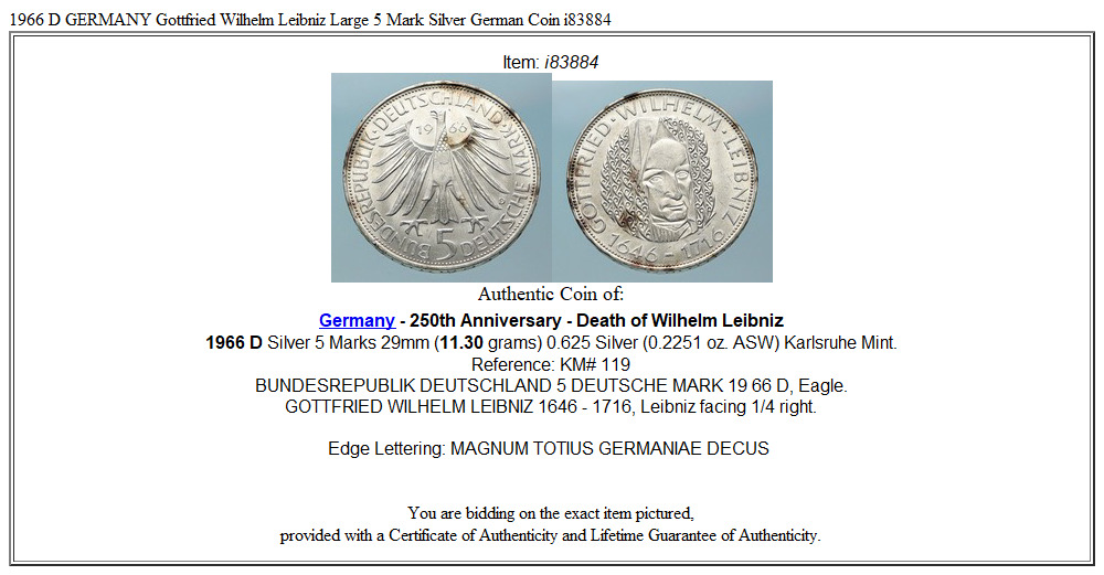 1966 D GERMANY Gottfried Wilhelm Leibniz Large 5 Mark Silver German Coin i83884