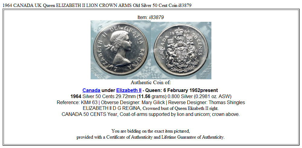 1964 CANADA UK Queen ELIZABETH II LION CROWN ARMS Old Silver 50 Cent Coin i83879