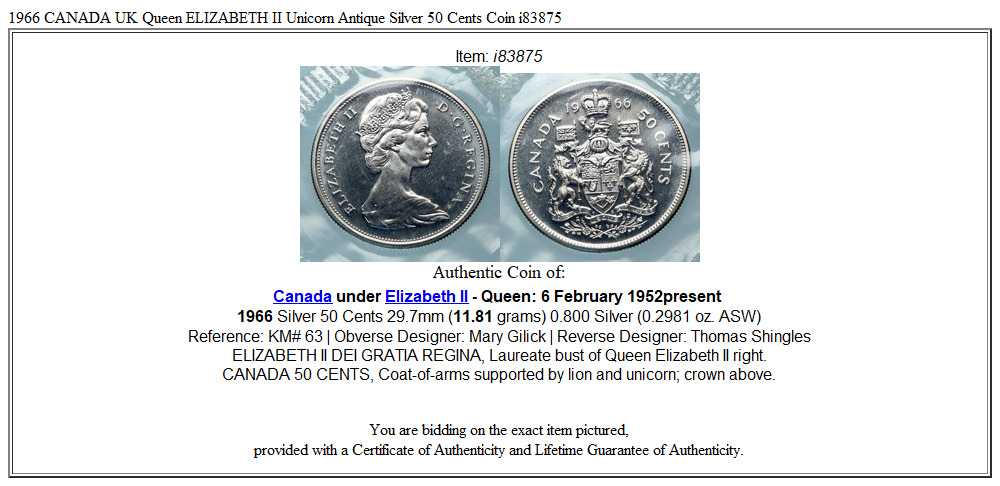 1966 CANADA UK Queen ELIZABETH II Unicorn Antique Silver 50 Cents Coin i83875