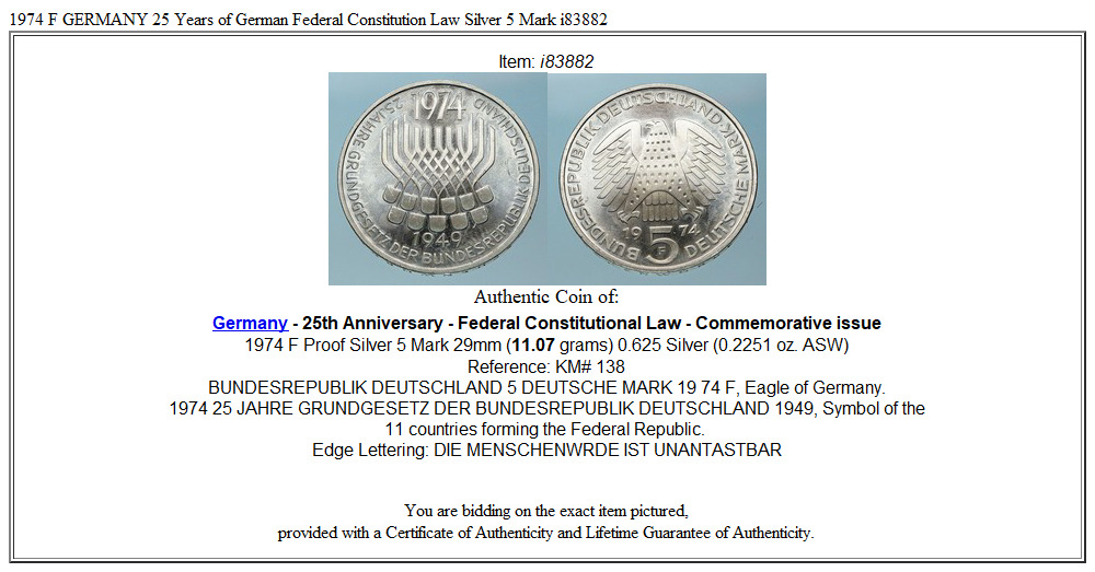 1974 F GERMANY 25 Years of German Federal Constitution Law Silver 5 Mark i83882