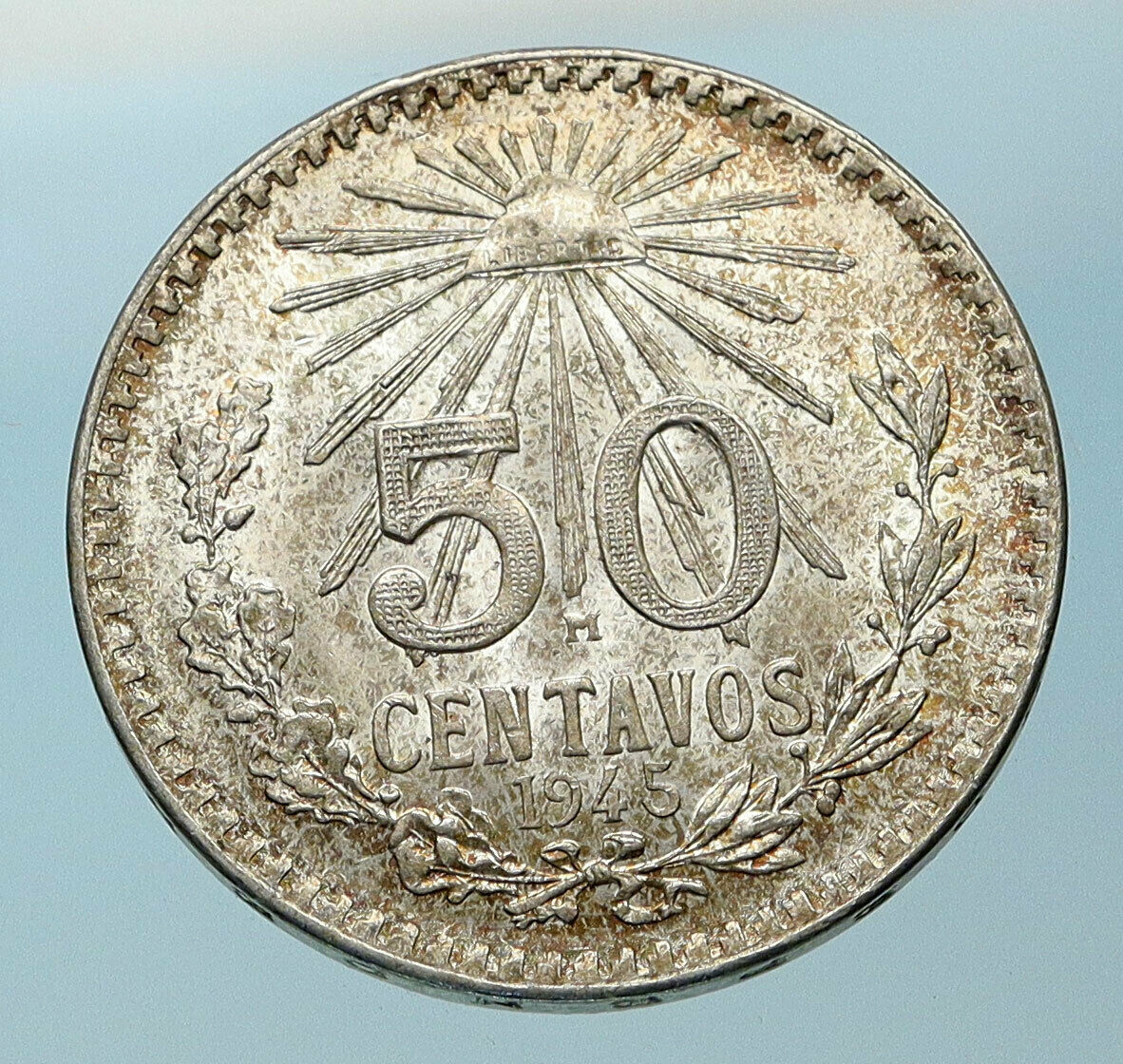 1945 MEXICO City EAGLE CACTUS SERPENT Silver 50 Centavos Mexican Coin i83872