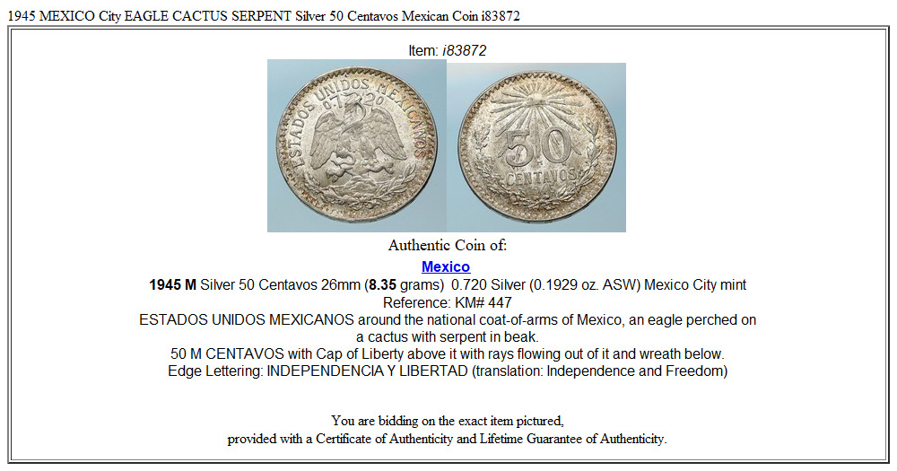 1945 MEXICO City EAGLE CACTUS SERPENT Silver 50 Centavos Mexican Coin i83872