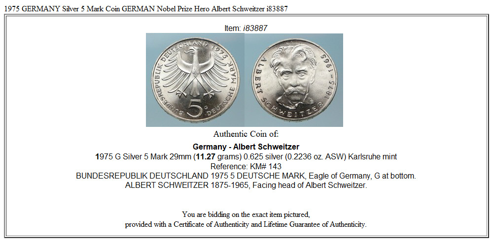 1975 GERMANY Silver 5 Mark Coin GERMAN Nobel Prize Hero Albert Schweitzer i83887