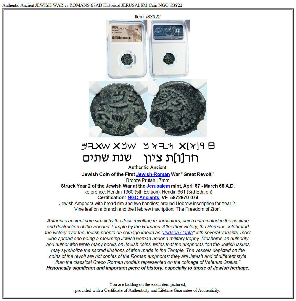 Authentic Ancient JEWISH WAR vs ROMANS 67AD Historical JERUSALEM Coin NGC i83922