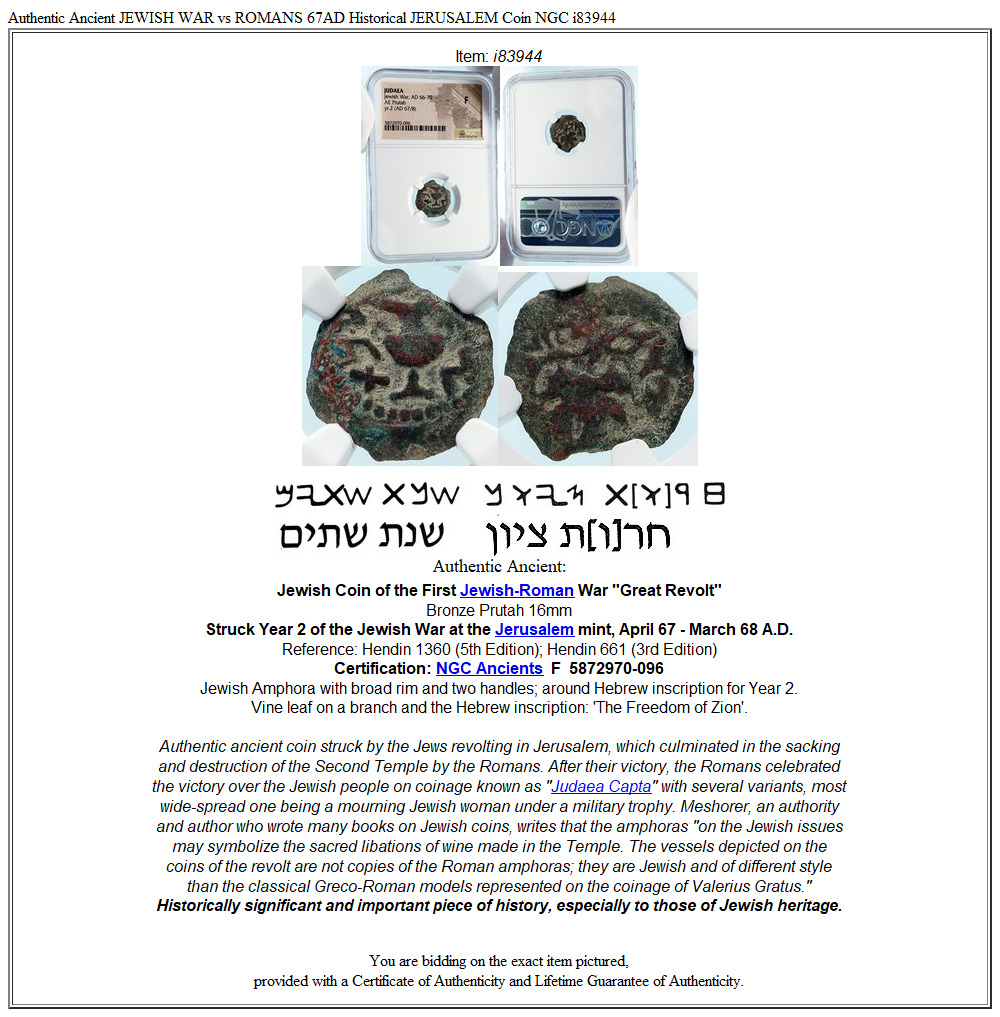 Authentic Ancient JEWISH WAR vs ROMANS 67AD Historical JERUSALEM Coin NGC i83944