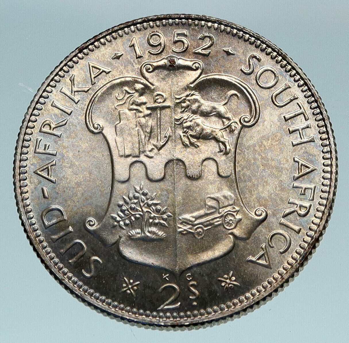 1952 SOUTH AFRICA Large GEORGE VI Shields VINTAGE Silver 2 Shillings Coin i84112