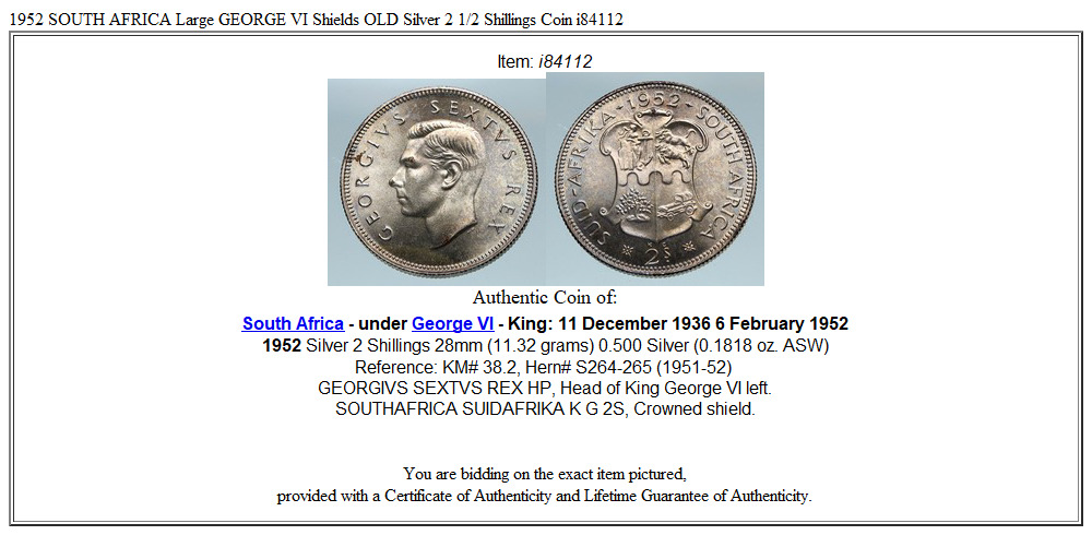 1952 SOUTH AFRICA Large GEORGE VI Shields VINTAGE Silver 2 Shillings Coin i84112