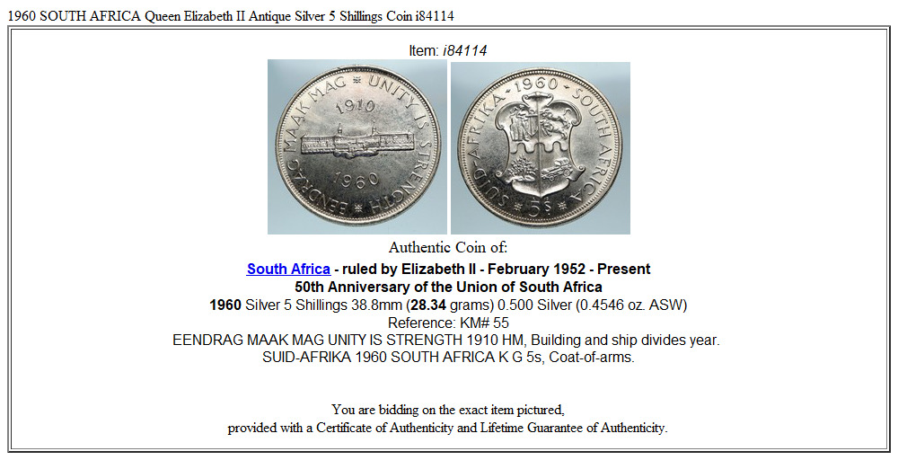 1960 SOUTH AFRICA Queen Elizabeth II Antique Silver 5 Shillings Coin i84114