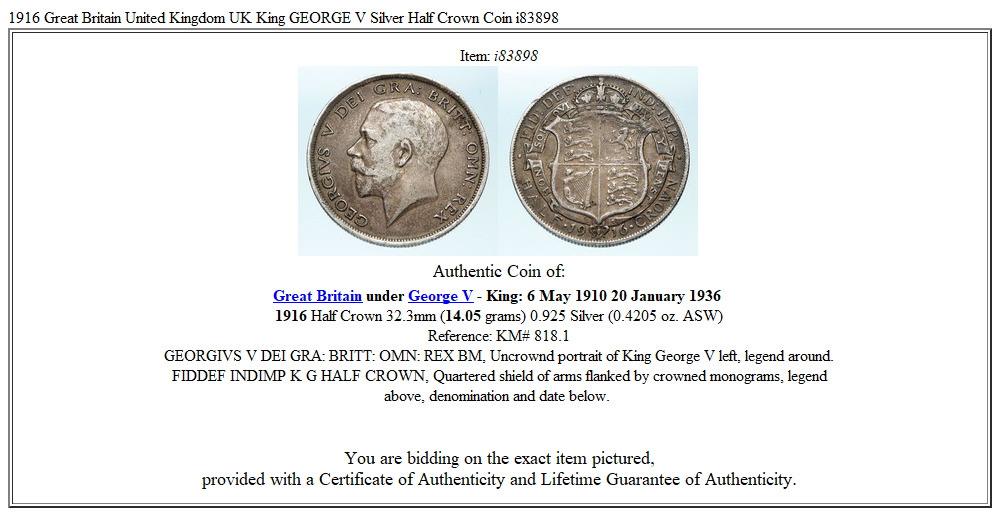 1916 Great Britain United Kingdom UK King GEORGE V Silver Half Crown Coin i83898