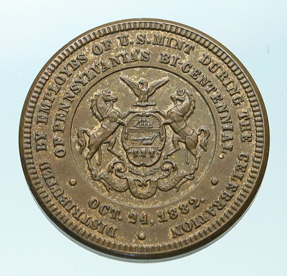 1882 USA Pennsylvania US MINT 200 Years WILLIAM PENN Antique Token Medal i83900