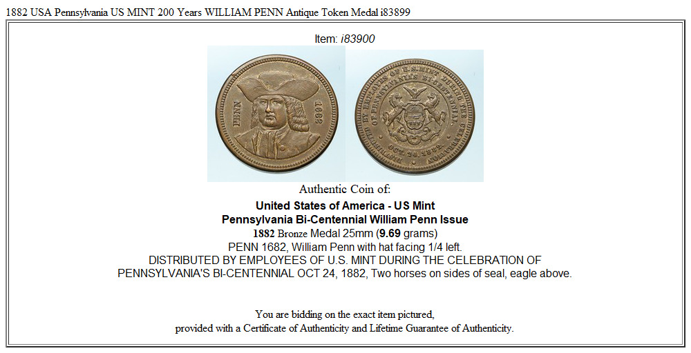 1882 USA Pennsylvania US MINT 200 Years WILLIAM PENN Antique Token Medal i83900