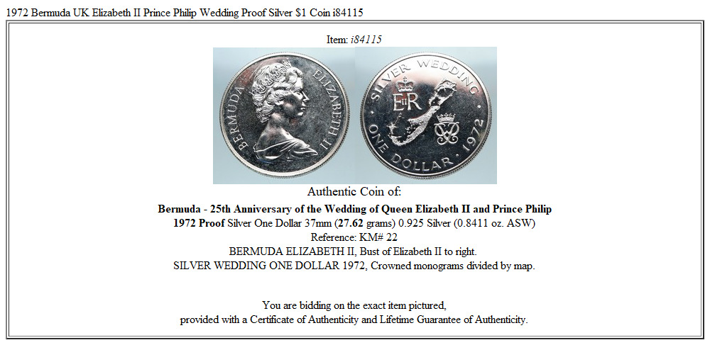 1972 Bermuda UK Elizabeth II Prince Philip Wedding Proof Silver $1 Coin i84115