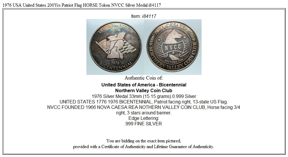 1976 USA United States 200Yrs Patriot Flag HORSE Token NVCC Silver Medal i84117