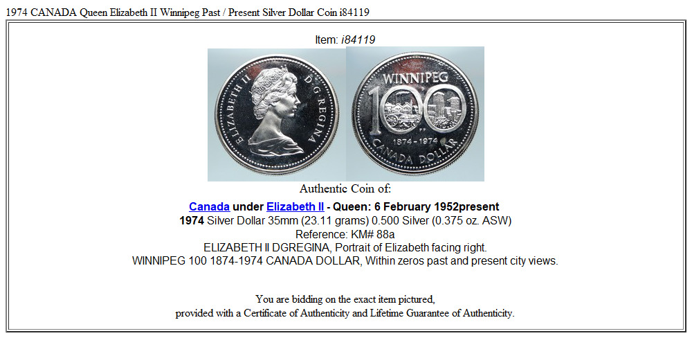 1974 CANADA Queen Elizabeth II Winnipeg Past / Present Silver Dollar Coin i84119