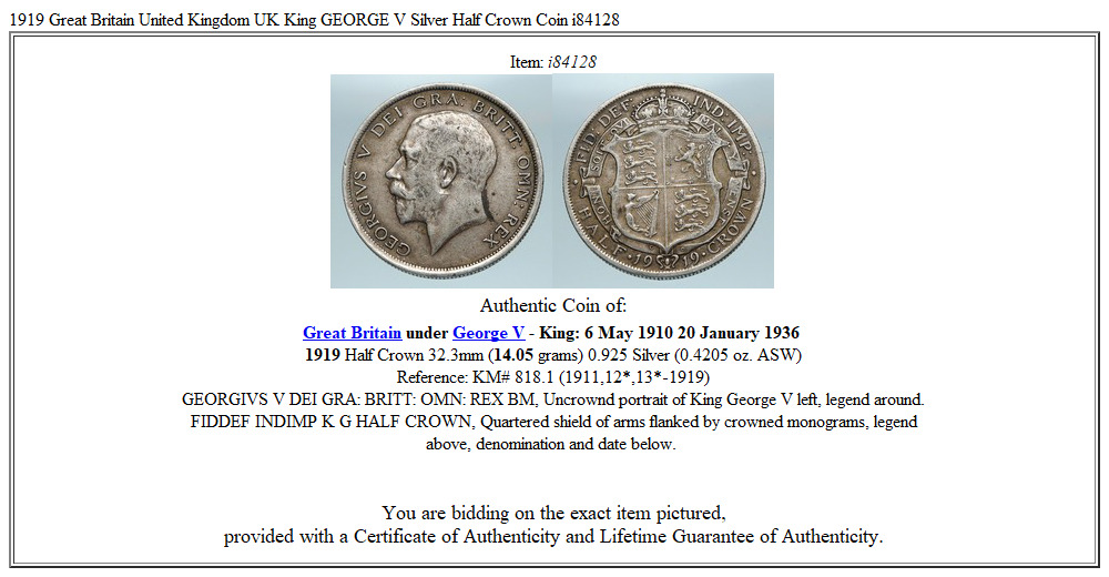 1919 Great Britain United Kingdom UK King GEORGE V Silver Half Crown Coin i84128