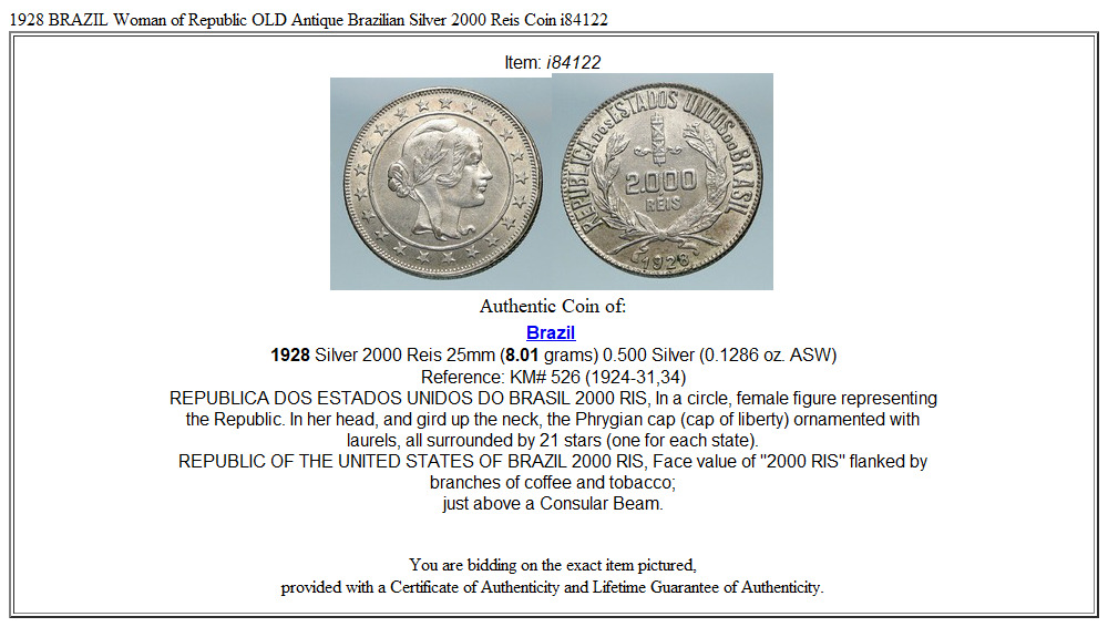 1928 BRAZIL Woman of Republic OLD Antique Brazilian Silver 2000 Reis Coin i84122