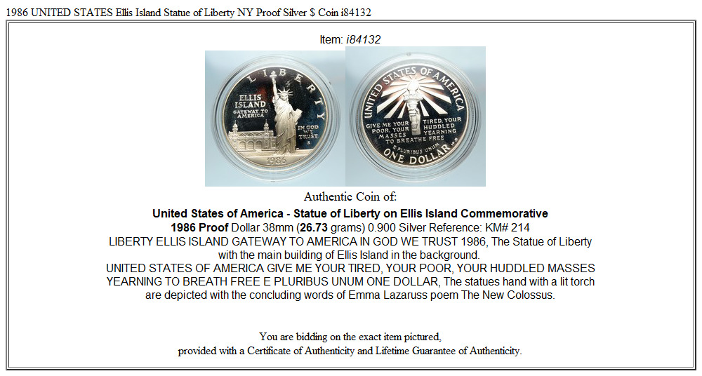 1986 UNITED STATES Ellis Island Statue of Liberty NY Proof Silver $ Coin i84132