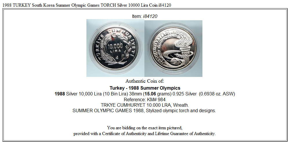 1988 TURKEY South Korea Summer Olympic Games TORCH Silver 10000 Lira Coin i84120