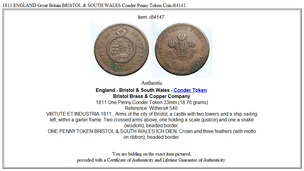 1811 ENGLAND Great Britain BRISTOL & SOUTH WALES Conder Penny Token Coin i84147