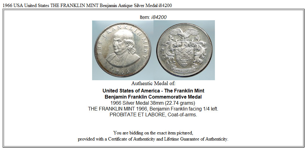 1966 USA United States THE FRANKLIN MINT Benjamin Antique Silver Medal i84200