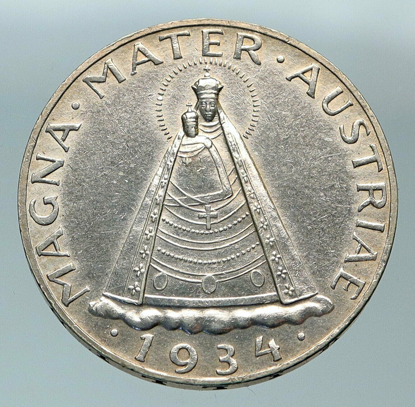 1934 AUSTRIA Mariazell Madonna HISTORIC Halos UNC Silver 5 Schilling Coin i84398