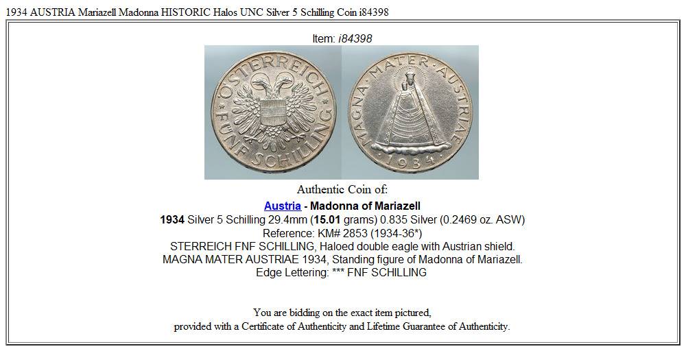 1934 AUSTRIA Mariazell Madonna HISTORIC Halos UNC Silver 5 Schilling Coin i84398