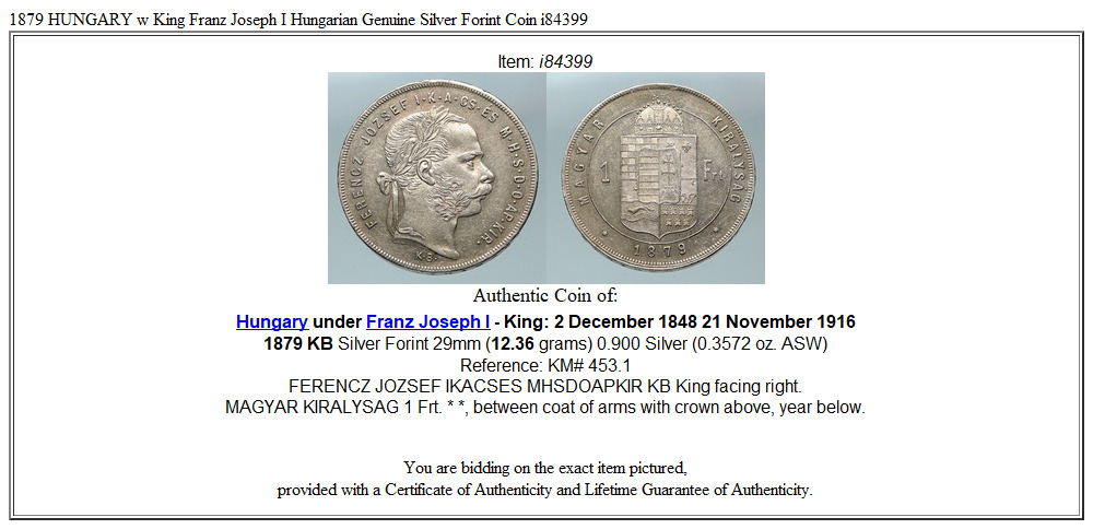 1879 HUNGARY w King Franz Joseph I Hungarian Genuine Silver Forint Coin i84399